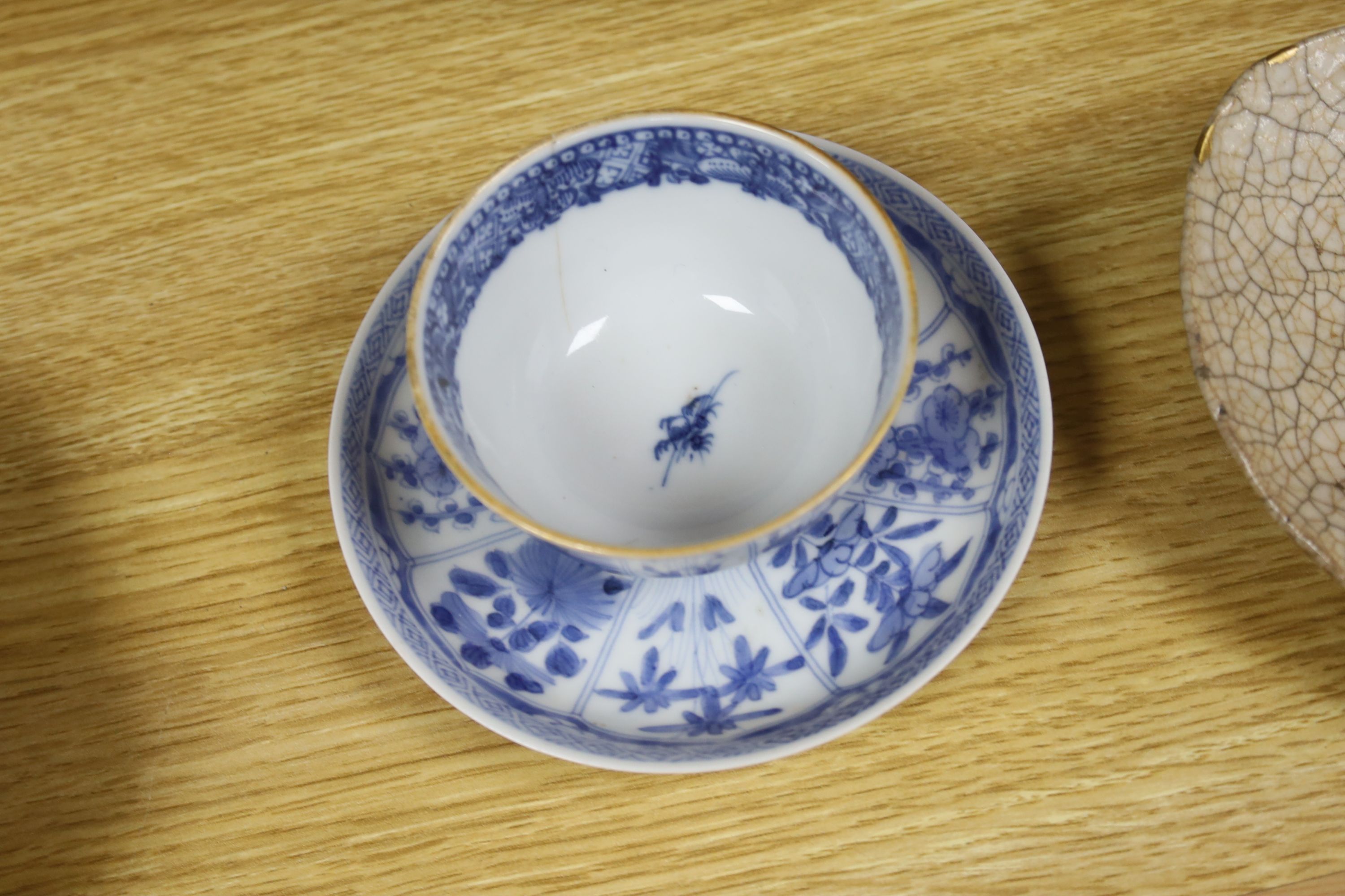 A Chinese blue and white bowl, diameter 15cm, a tea bowl and saucer, a crackleglaze shell dish and a celadon glazed stem cup